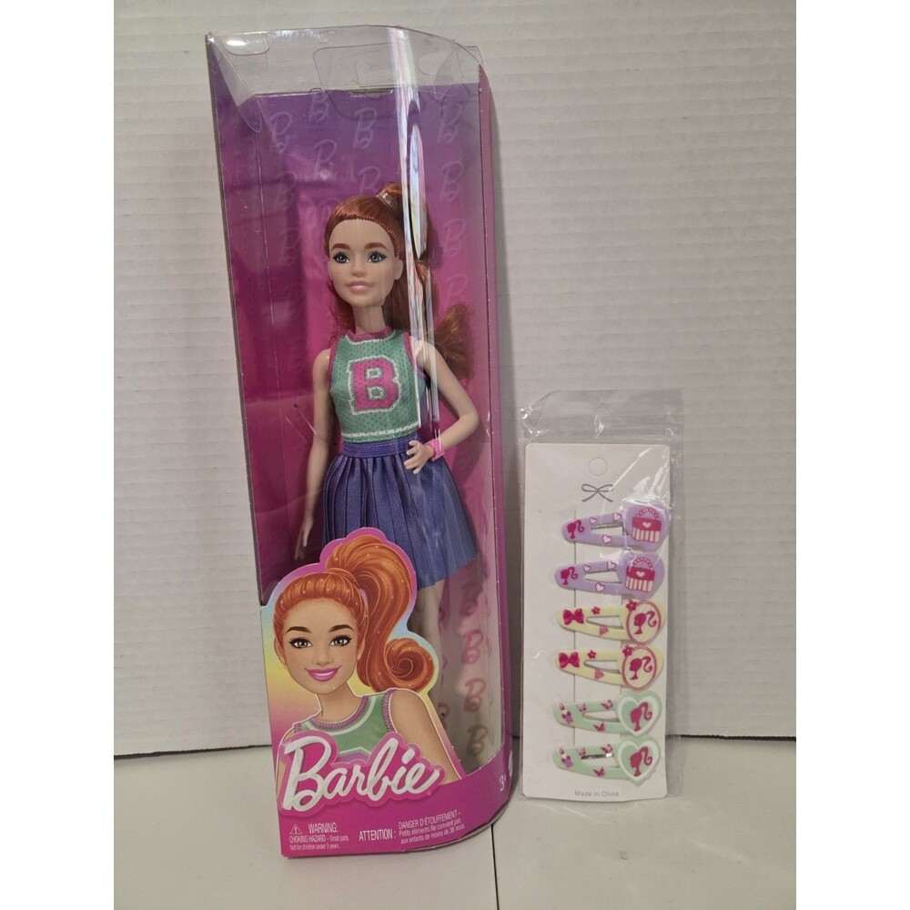 Barbie Doll Red Hair Athletic Outfit New in Box and Barbie hair clips.